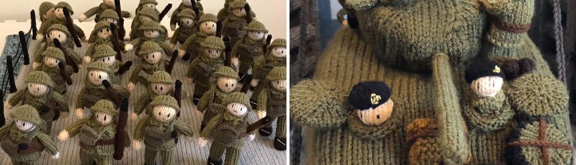 Two photos of crocheted D-day soldier figures; one has a marching troupe, and the other shows soldiers on a crocheted tank.