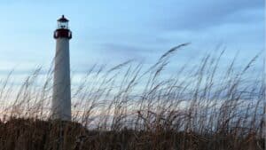 A view of the Cape May Lighthouse at sunrise with sea oats waving in the foreground 